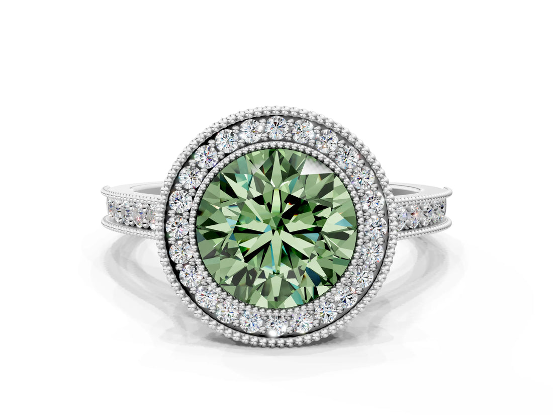 White gold Halo Fancy Green Round -Cut Diamond Pave Band Milgrain Prong Setting Ring_73