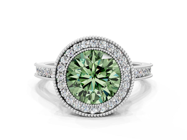 White gold Halo Fancy Green Round -Cut Diamond Pave Band Milgrain Prong Setting Ring