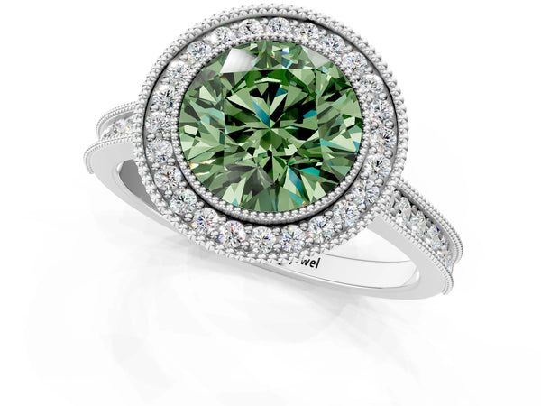 White gold Halo Fancy Green Round -Cut Diamond Pave Band Milgrain Prong Setting Ring