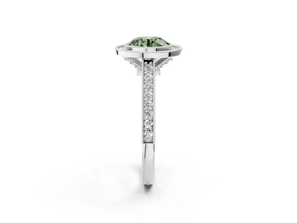 White gold Halo Fancy Green Round -Cut Diamond Pave Band Milgrain Prong Setting Ring