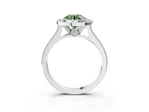 White gold Halo Fancy Green Round -Cut Diamond Pave Band Milgrain Prong Setting Ring
