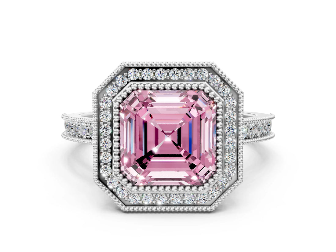 White gold Halo Fancy Pink Asscher -Cut Diamond Pave Band Milgrain Prong Setting Ring_53