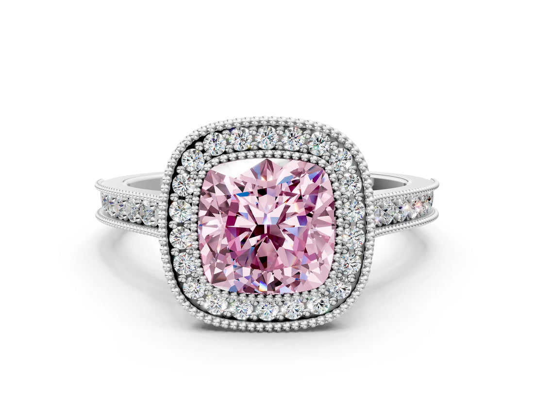 White gold Halo Fancy Pink Cushion -Cut Diamond Pave Band Milgrain Prong Setting Ring_55