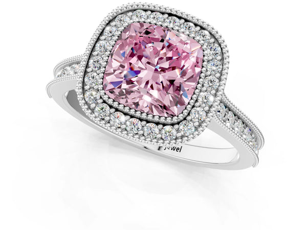 White gold Halo Fancy Pink Cushion -Cut Diamond Pave Band Milgrain Prong Setting Ring