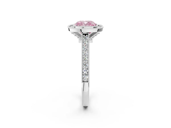 White gold Halo Fancy Pink Cushion -Cut Diamond Pave Band Milgrain Prong Setting Ring