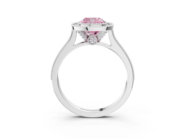 White gold Halo Fancy Pink Cushion -Cut Diamond Pave Band Milgrain Prong Setting Ring
