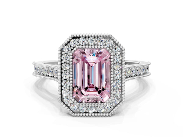 Platinum Halo Fancy Pink Emerald -Cut Diamond Pave Band Milgrain Prong Setting Ring