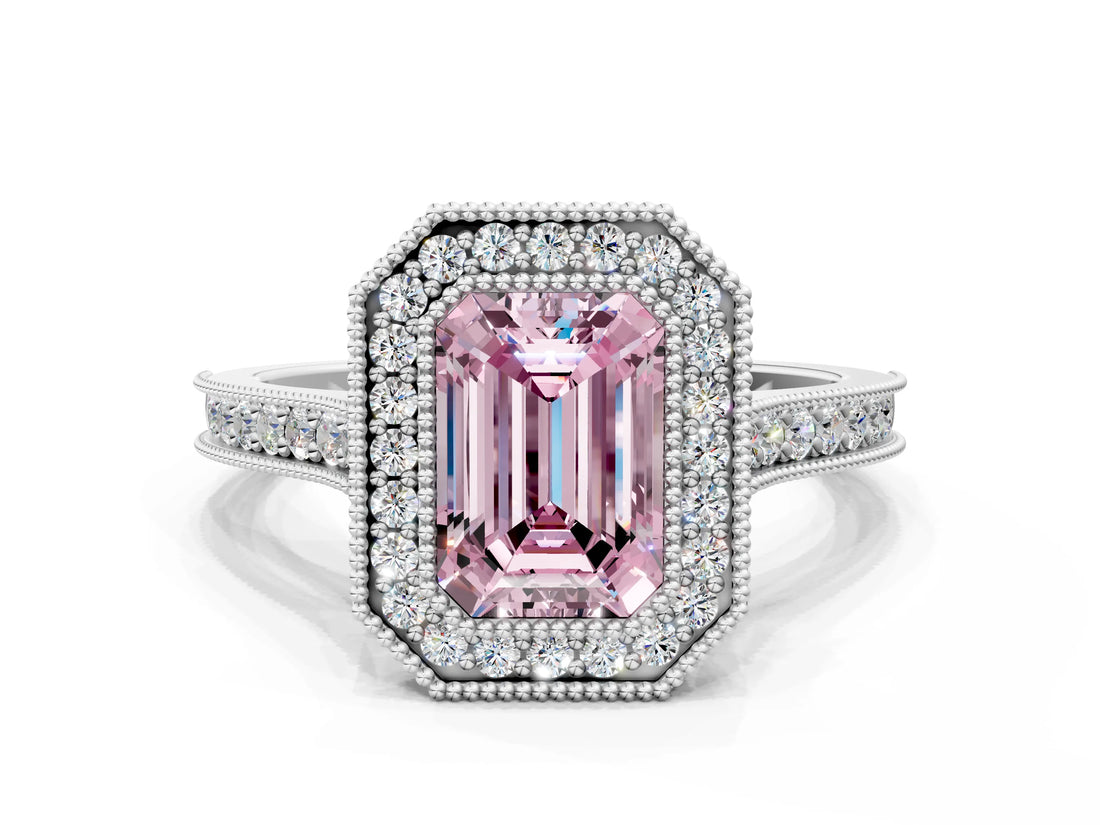 White gold Halo Fancy Pink Emerald -Cut Diamond Pave Band Milgrain Prong Setting Ring_55