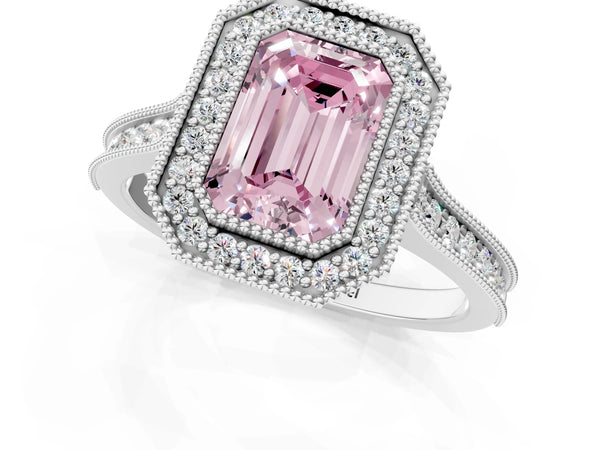 Platinum Halo Fancy Pink Emerald -Cut Diamond Pave Band Milgrain Prong Setting Ring
