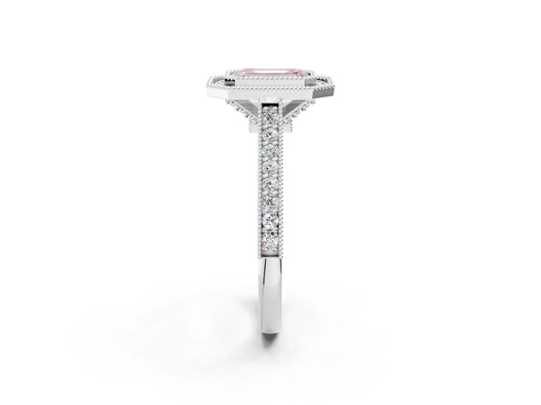 Platinum Halo Fancy Pink Emerald -Cut Diamond Pave Band Milgrain Prong Setting Ring