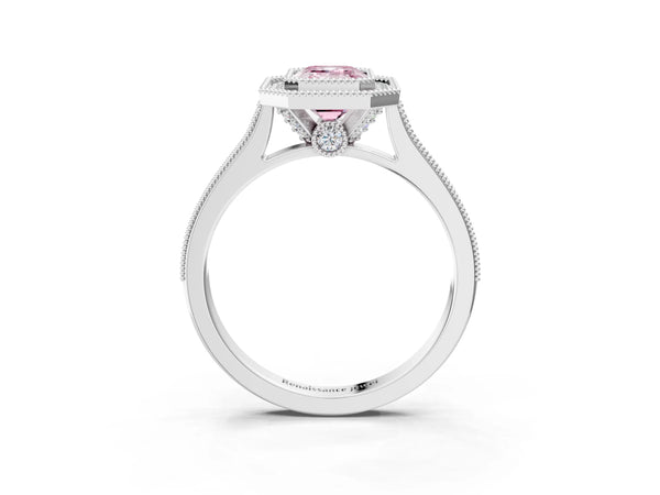 Platinum Halo Fancy Pink Emerald -Cut Diamond Pave Band Milgrain Prong Setting Ring