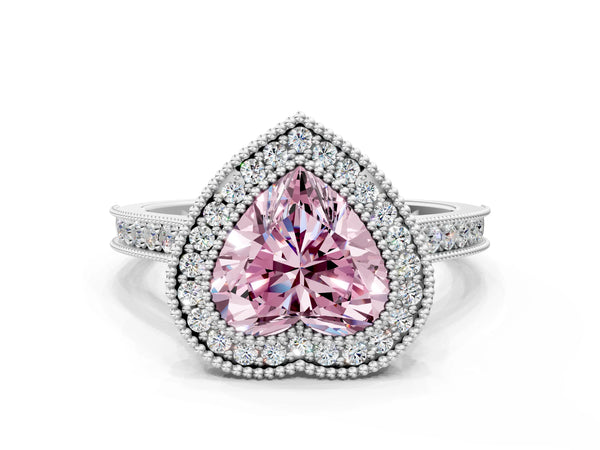 White gold Halo Fancy Pink Heart -Cut Diamond Pave Band Milgrain Prong Setting Ring