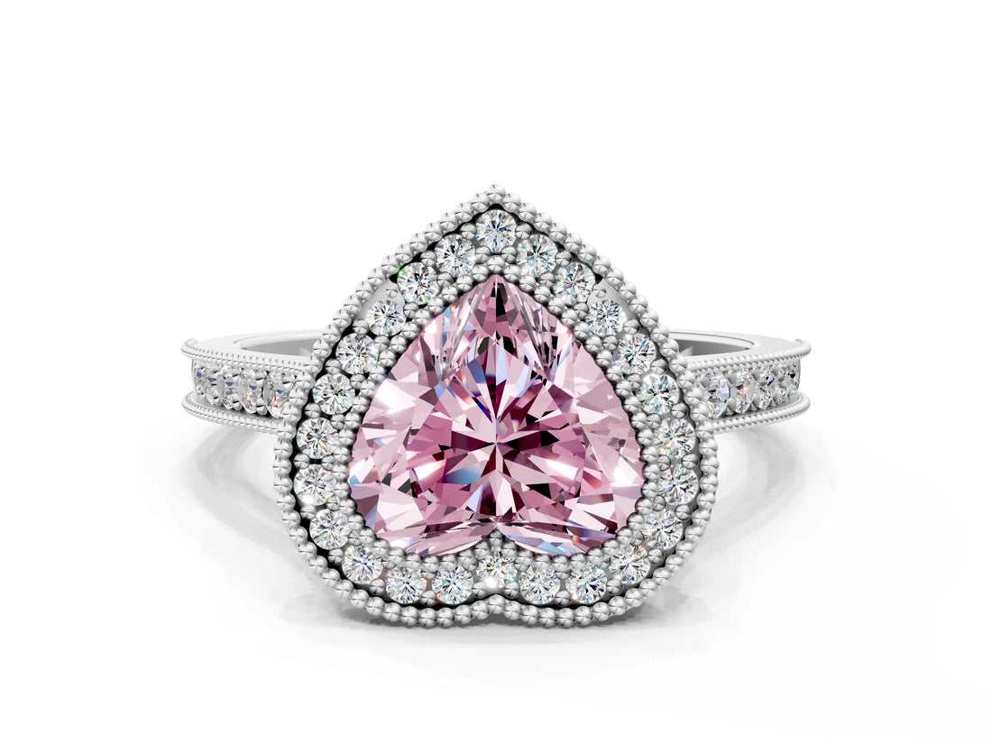 White gold Halo Fancy Pink Heart -Cut Diamond Pave Band Milgrain Prong Setting Ring_55