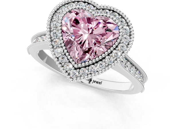White gold Halo Fancy Pink Heart -Cut Diamond Pave Band Milgrain Prong Setting Ring