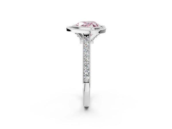 White gold Halo Fancy Pink Heart -Cut Diamond Pave Band Milgrain Prong Setting Ring