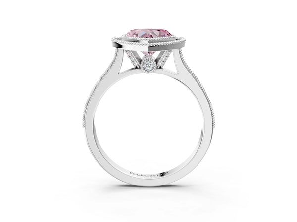 White gold Halo Fancy Pink Heart -Cut Diamond Pave Band Milgrain Prong Setting Ring