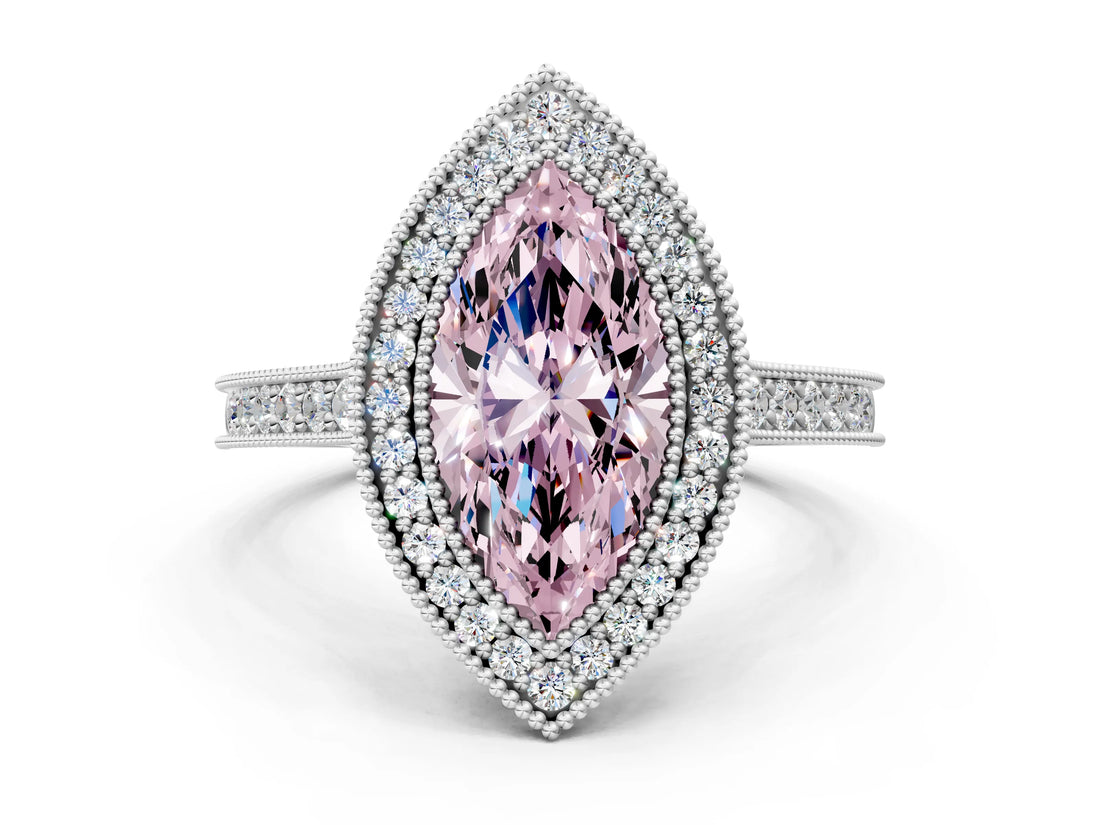 White gold Halo Fancy Pink Marquise -Cut Diamond Pave Band Milgrain Prong Setting Ring_55