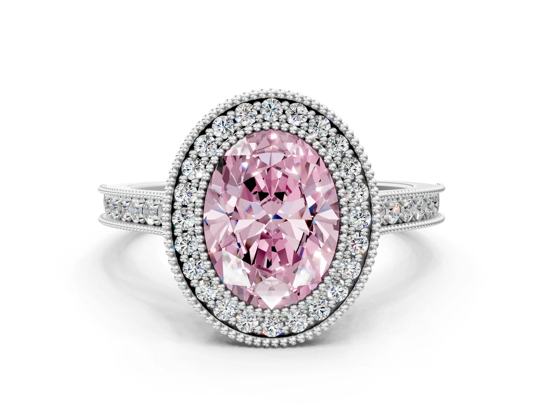 White gold Halo Fancy Pink Oval -Cut Diamond Pave Band Milgrain Prong Setting Ring_55