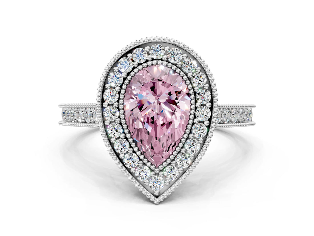 White gold Halo Fancy Pink Pear -Cut Diamond Pave Band Milgrain Prong Setting Ring_55