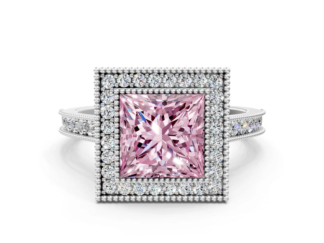 White gold Halo Fancy Pink Princess -Cut Diamond Pave Band Milgrain Prong Setting Ring_35