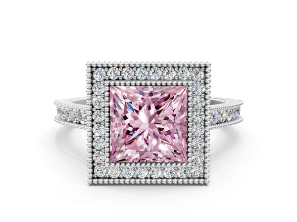 White gold Halo Fancy Pink Princess -Cut Diamond Pave Band Milgrain Prong Setting Ring