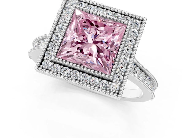 White gold Halo Fancy Pink Princess -Cut Diamond Pave Band Milgrain Prong Setting Ring