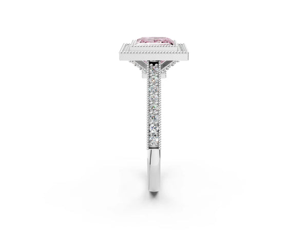 White gold Halo Fancy Pink Princess -Cut Diamond Pave Band Milgrain Prong Setting Ring