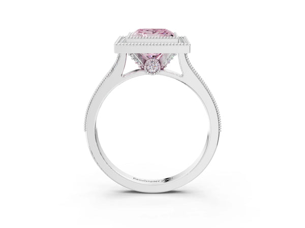 White gold Halo Fancy Pink Princess -Cut Diamond Pave Band Milgrain Prong Setting Ring