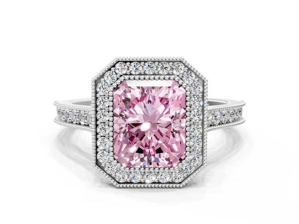 Platinum Halo Fancy Pink Radiant -Cut Diamond Pave Band Milgrain Prong Setting Ring