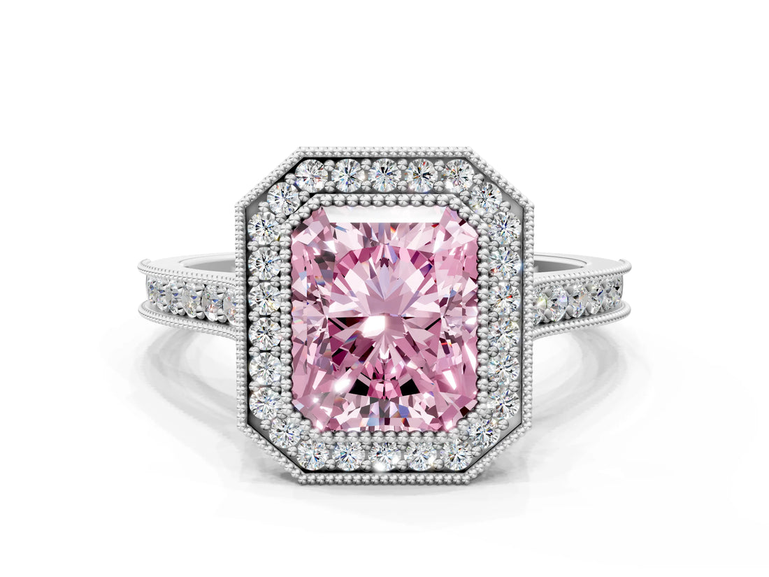 White gold Halo Fancy Pink Radiant -Cut Diamond Pave Band Milgrain Prong Setting Ring_55