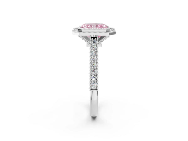 Platinum Halo Fancy Pink Radiant -Cut Diamond Pave Band Milgrain Prong Setting Ring