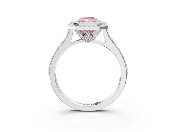 Platinum Halo Fancy Pink Radiant -Cut Diamond Pave Band Milgrain Prong Setting Ring