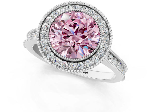 Platinum Round Vintage Milgrain Halo Engagement Ring Setting for Fancy Pink Center with Bezel Head
