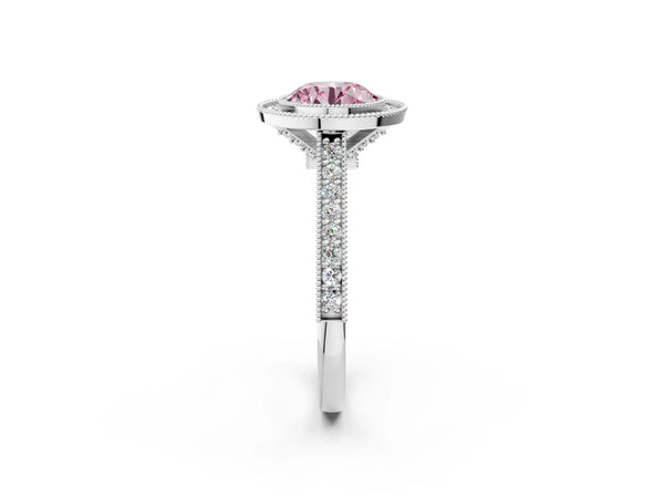 Platinum Round Vintage Milgrain Halo Engagement Ring Setting for Fancy Pink Center with Bezel Head