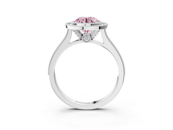 Platinum Round Vintage Milgrain Halo Engagement Ring Setting for Fancy Pink Center with Bezel Head