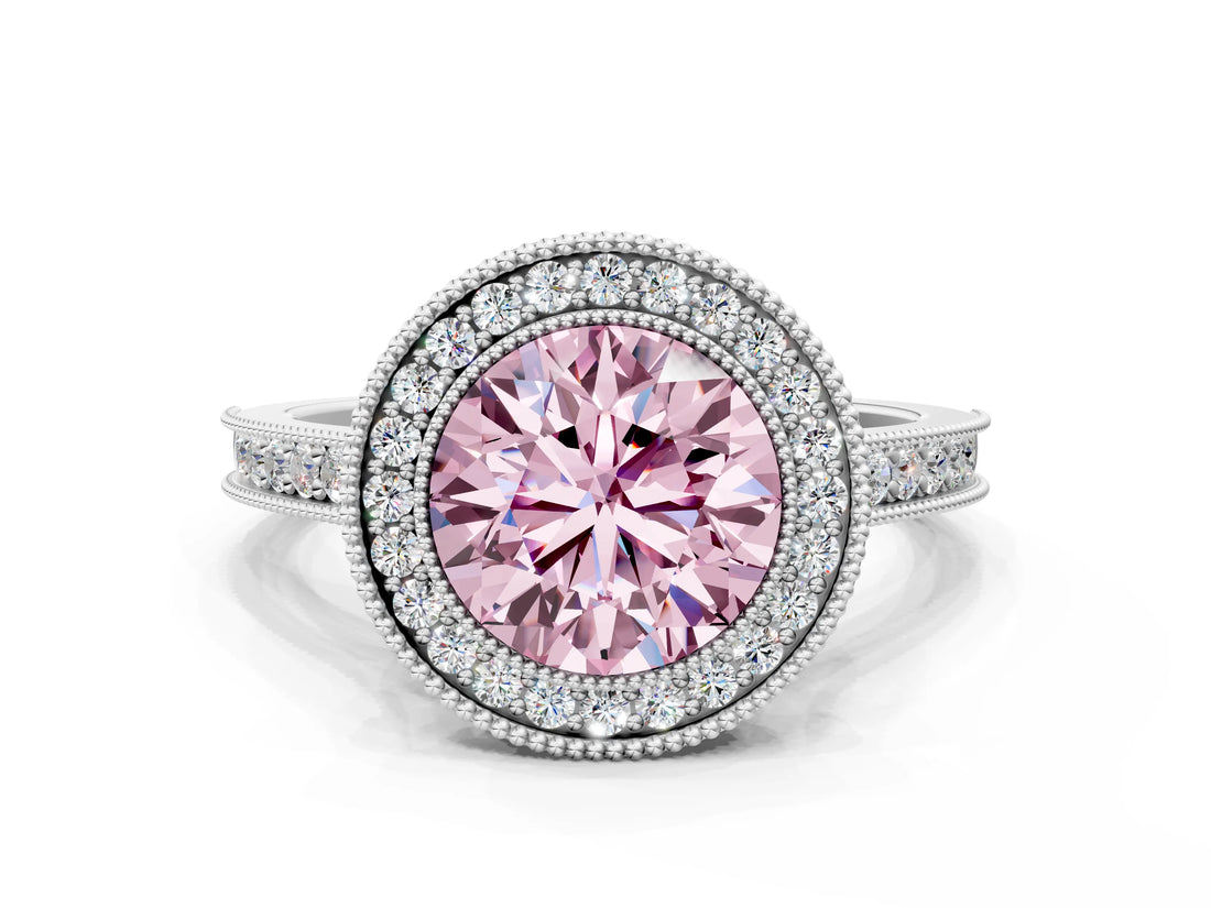 White gold Halo Fancy Pink Round -Cut Diamond Pave Band Milgrain Prong Setting Ring_38