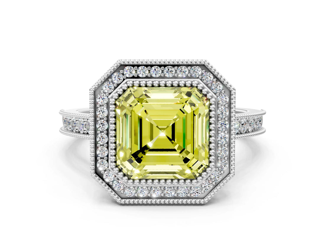 White gold Halo Fancy Yellow Asscher -Cut Diamond Pave Band Milgrain Prong Setting Ring_58