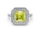 White gold Halo Fancy Yellow Asscher -Cut Diamond Pave Band Milgrain Prong Setting Ring_58