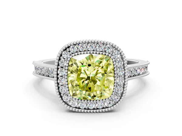Platinum Halo Fancy Yellow Cushion -Cut Diamond Pave Band Milgrain Prong Setting Ring
