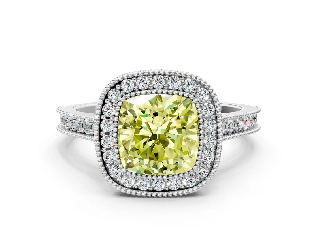 White gold Halo Fancy Yellow Cushion -Cut Diamond Pave Band Milgrain Prong Setting Ring_55