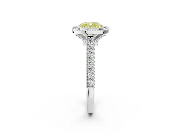 Platinum Halo Fancy Yellow Cushion -Cut Diamond Pave Band Milgrain Prong Setting Ring