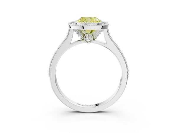 Platinum Halo Fancy Yellow Cushion -Cut Diamond Pave Band Milgrain Prong Setting Ring