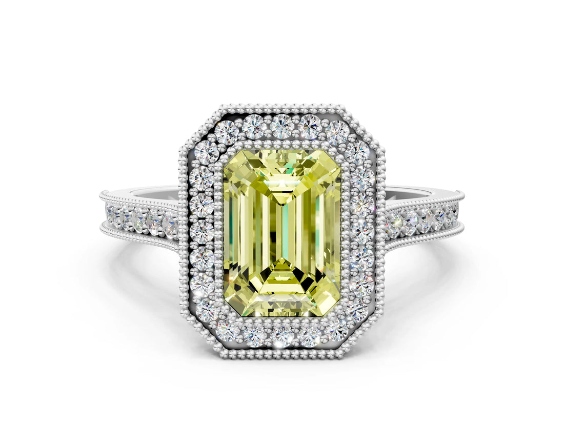 White gold Halo Fancy Yellow Emerald -Cut Diamond Pave Band Milgrain Prong Setting Ring_55