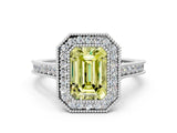 White gold Halo Fancy Yellow Emerald -Cut Diamond Pave Band Milgrain Prong Setting Ring_55