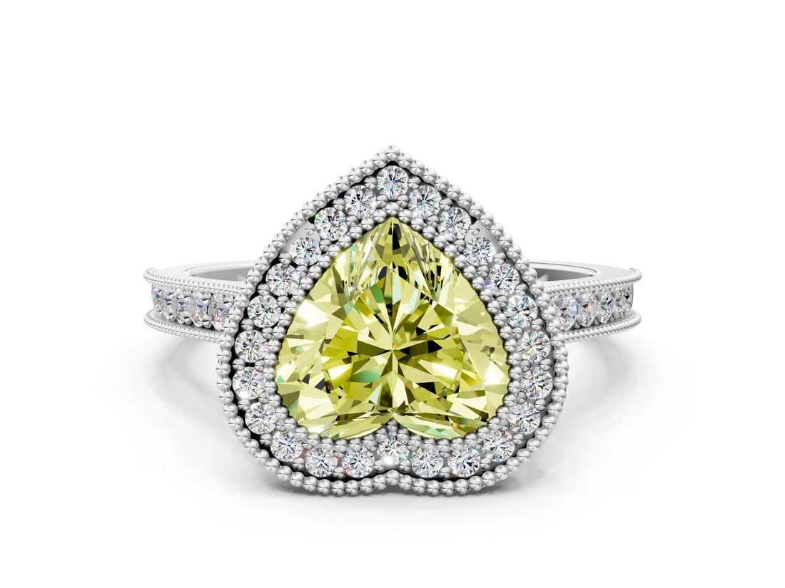 White gold Halo Fancy Yellow Heart -Cut Diamond Pave Band Milgrain Prong Setting Ring_55