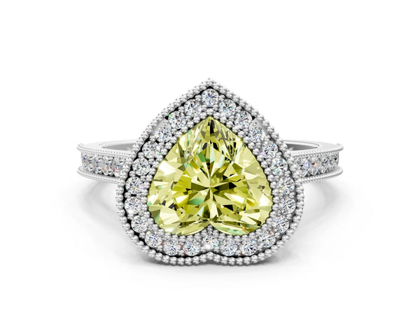 Platinum Halo Fancy Yellow Heart -Cut Diamond Pave Band Milgrain Prong Setting Ring