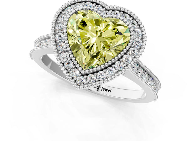 Platinum Halo Fancy Yellow Heart -Cut Diamond Pave Band Milgrain Prong Setting Ring