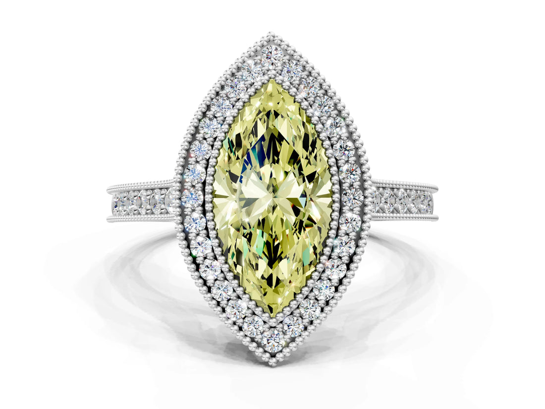 White gold Halo Fancy Yellow Marquise -Cut Diamond Pave Band Milgrain Prong Setting Ring_35