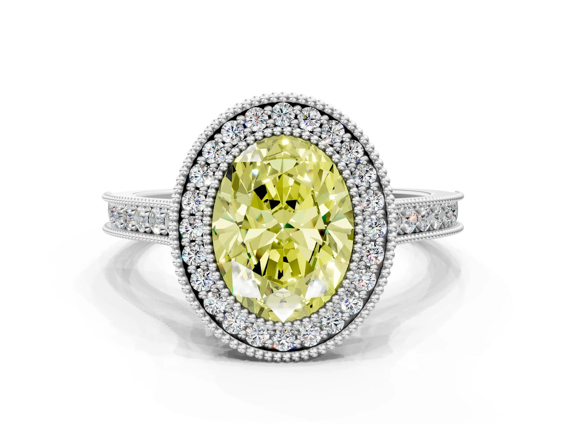 White gold Halo Fancy Yellow Oval -Cut Diamond Pave Band Milgrain Prong Setting Ring_55