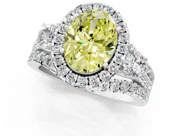 White gold Halo Fancy Yellow Oval Cut Cut Split Shank Diamond Ring with Four-Prong Setting